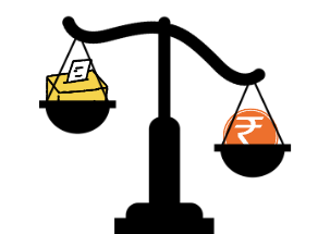 money and capitalism matters more than the people's vote in BJP's India - an image of a weighing scale with heavier money than the voting ballot
